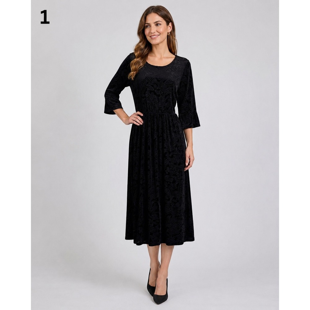 CHRIS & CAROL PLUS Burnout Velvet Paisley Midi Dress Bell Sleeve Womens 1X Black